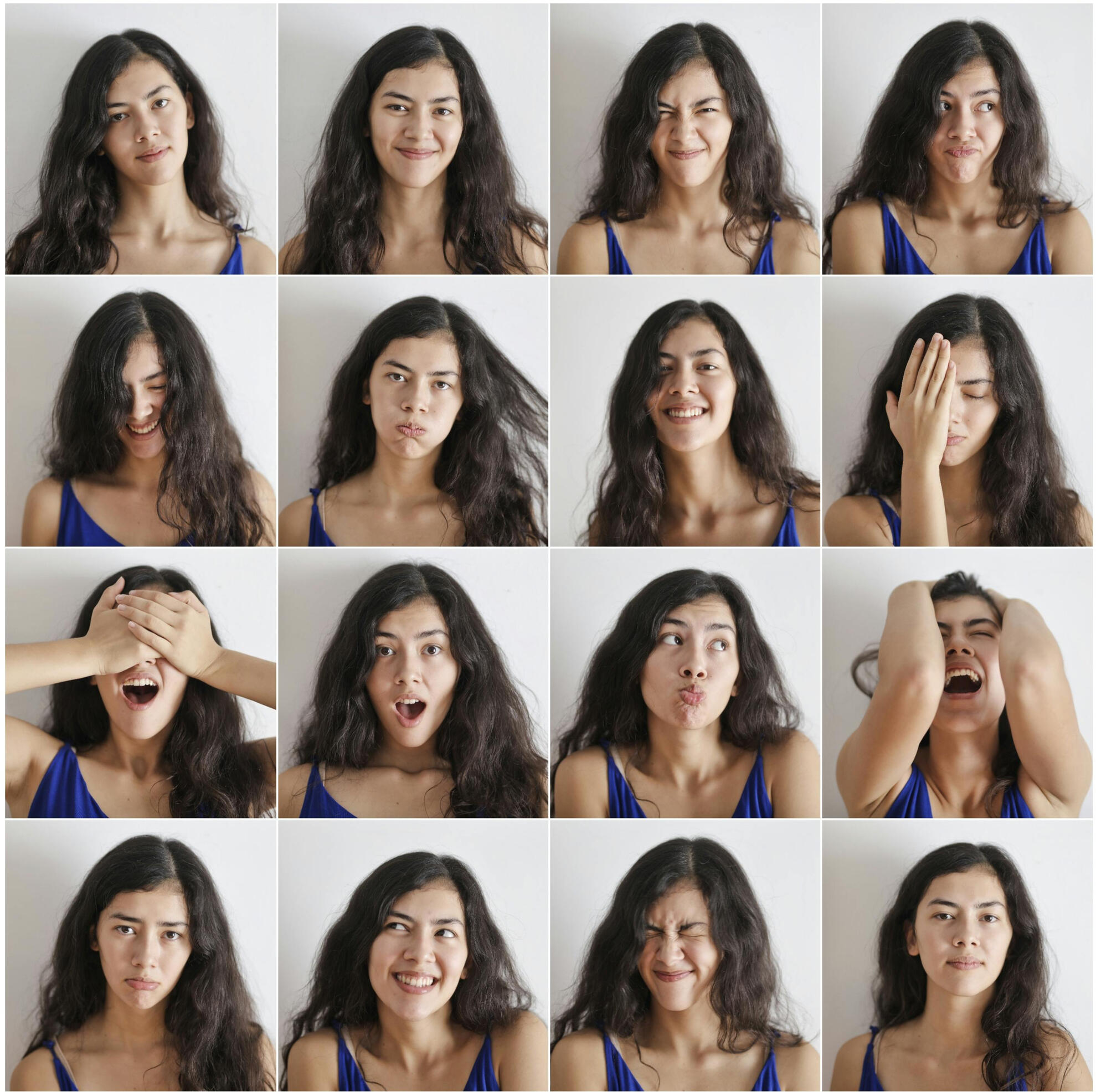 4x4 grid, images of the same woman making different faces and emotions.